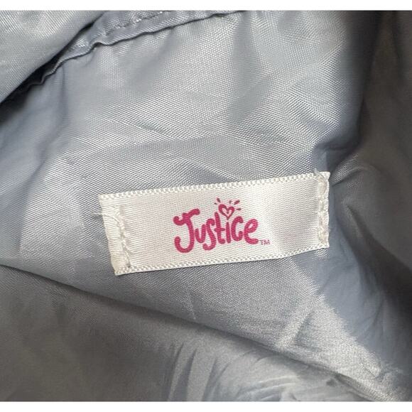 Justice Silver Metallic Duffel Bag "Live Justice" Heart Logo Gym Dance Bag Tween - Picture 7 of 8